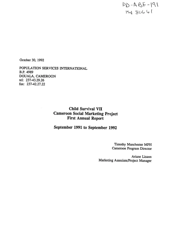 Child survival VII -- Cameroon social marketing project : first annual report -- September 1991 to September 1992