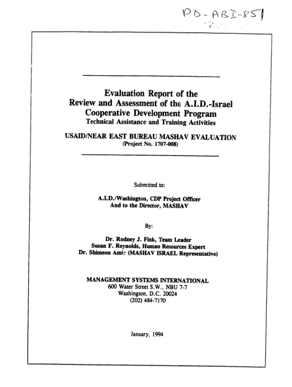 Evaluation report of the review and assessment of the AID-Israel cooperative development program : technical assistance and training activities -- USAID/Near East Bureau MASHAV evaluation (project no. 1707-008)