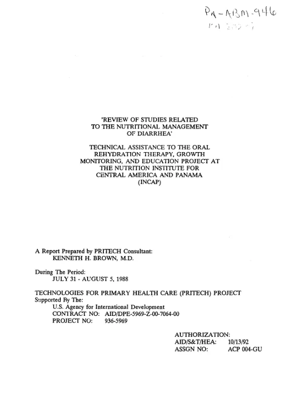 Review of studies related to the nutritional management of diarrhea : technical assistance to the oral rehydration therapy, growth monitoring, and education project at the Nutrition Institute for Central America and Panama (INCAP)