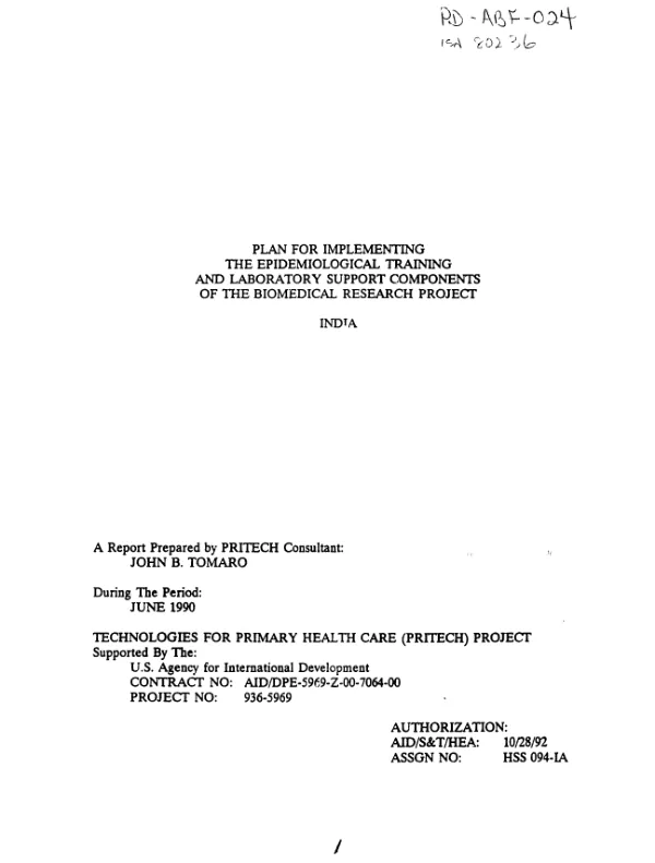 Plan for implementing the epidemiological training and laboratory support components of the biomedical research project -- India