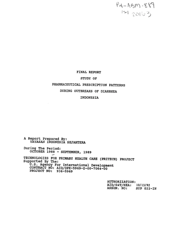 Final report : study of pharmaceutical prescription patterns during outbreaks of diarrhea -- Indonesia