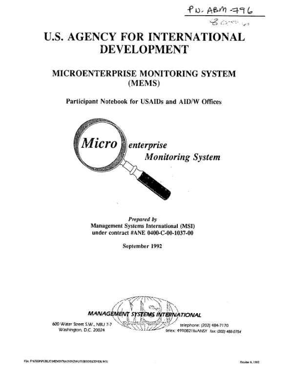 Microenterprise monitoring system (MEMS) : participant notebook for USAIDs and AID/W offices