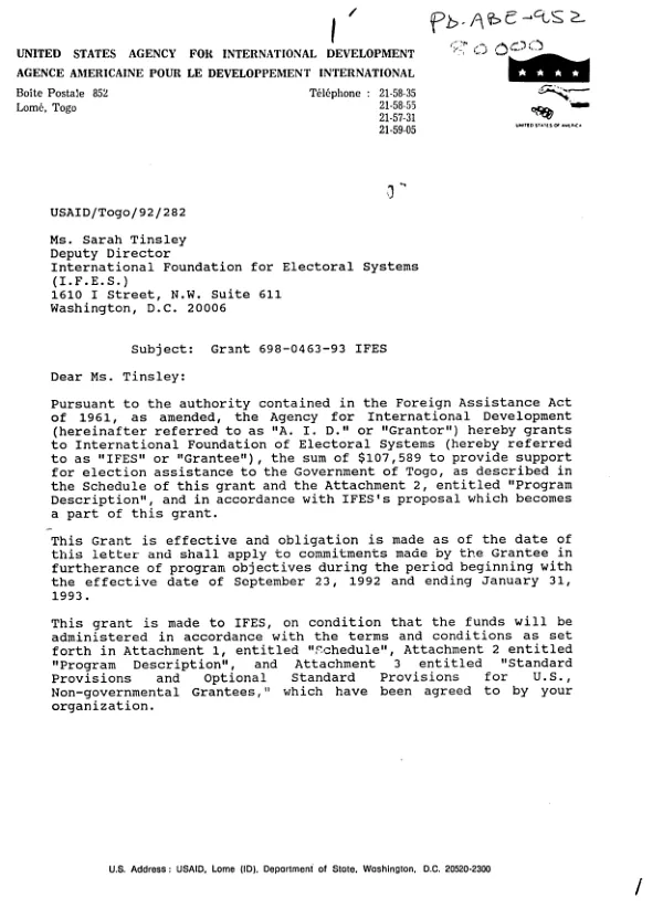AID grant no. 698-0463-93 to the International Foundation for Electoral Systems to provide support for election assistance to the Government of Togo