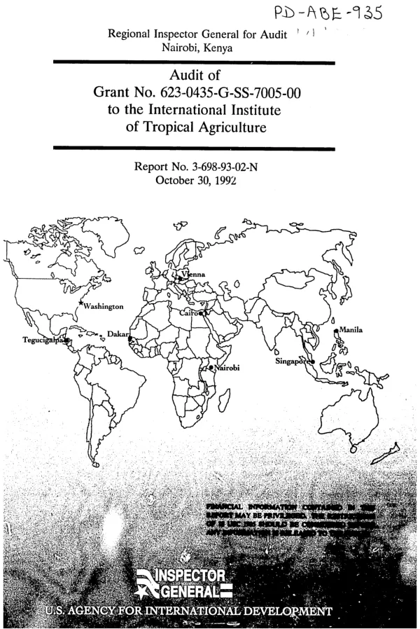 Audit of grant no. 623-0435-G-SS-7005-00 to the International Institute of Tropical Agriculture