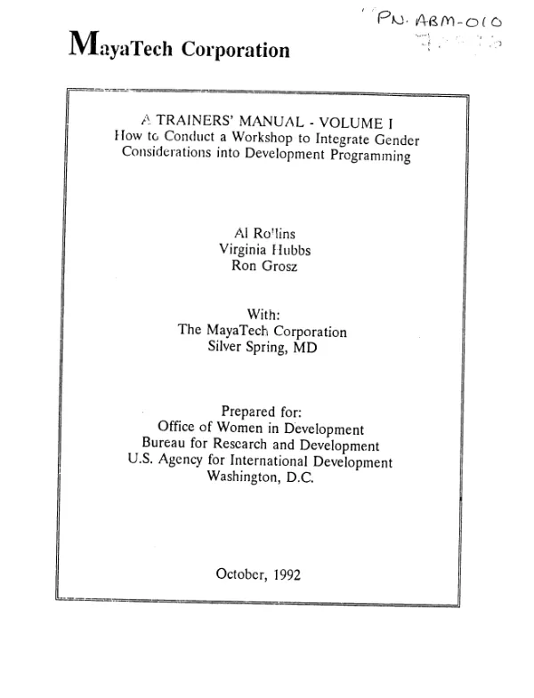 Trainers" manual -- volume I : how to conduct a workshop to integrate gender considerations into development planning