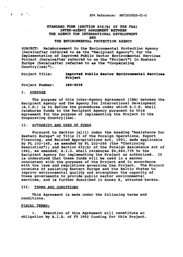 Inter-Agency agreement between the Agency for International Development and the Environmental Protection Agency