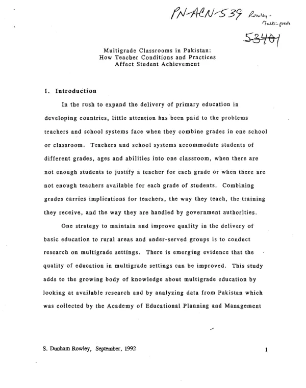 Multigrade classrooms in Pakistan : how teacher conditions and practices affect student achievement