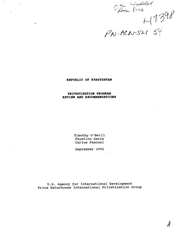 Republic of Kyrgyzstan : privatization program review and recommendations