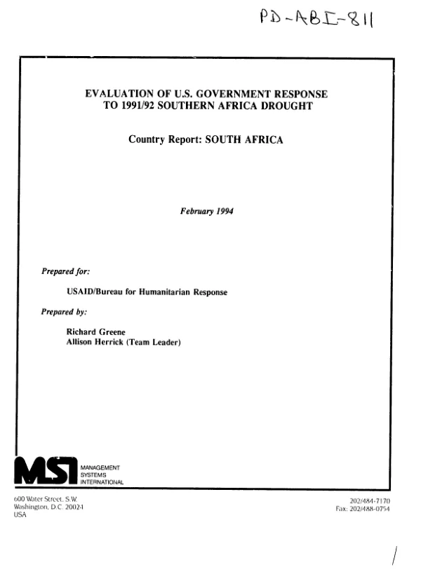 Evaluation of US Government response to 1991/92 Southern Africa drought -- country report : South Africa