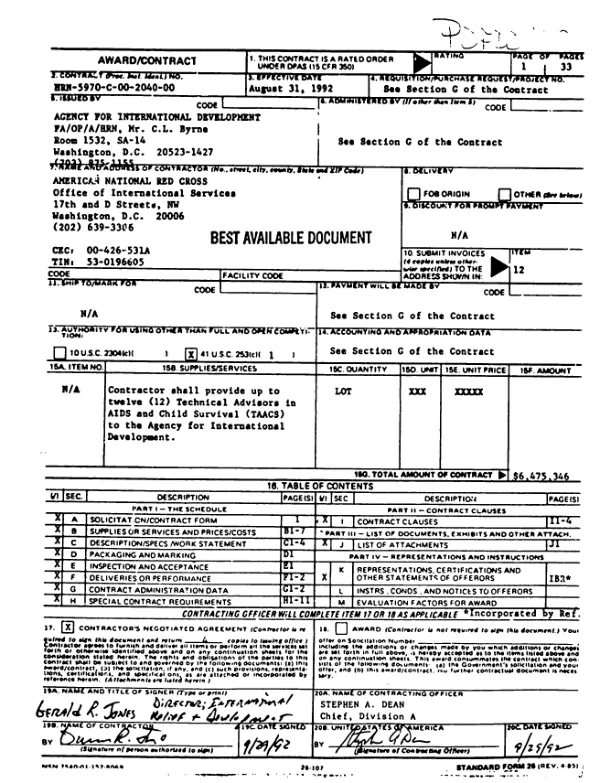 USAID contract no. HRN-5970-C-00-2040-00 with the American National Red Cross to provide technical assistance relating to AIDS and child survival