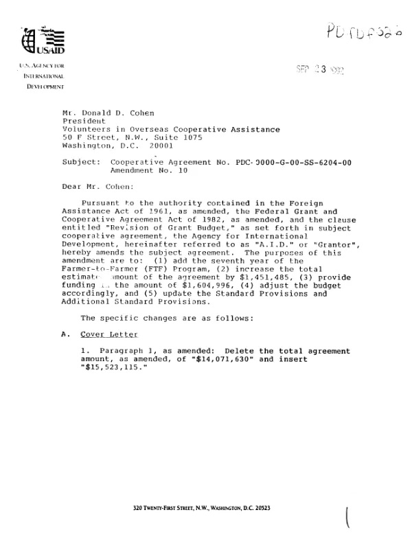 AID cooperative agreement no. PDC-0000-G-SS-6204-00 amendment no. 10 with Volunteers in Overseas Cooperative Assistance in support of the farmer-to-farmer program