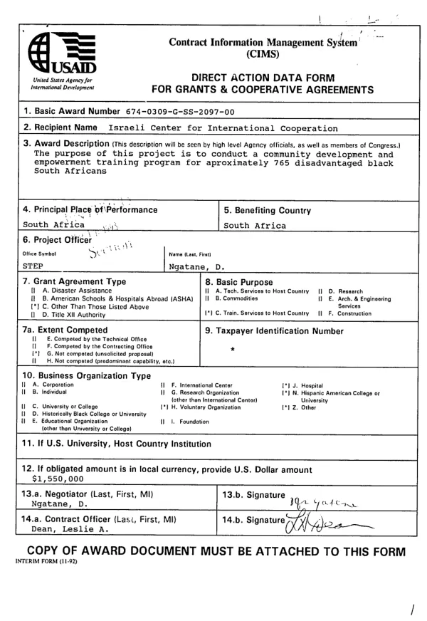 AID grant agreement no. 674-0309-G-SS-2097-00 to the Israeli Center for International Cooperation (ICIC) for the South Africa support to tertiary education project (674-0309)