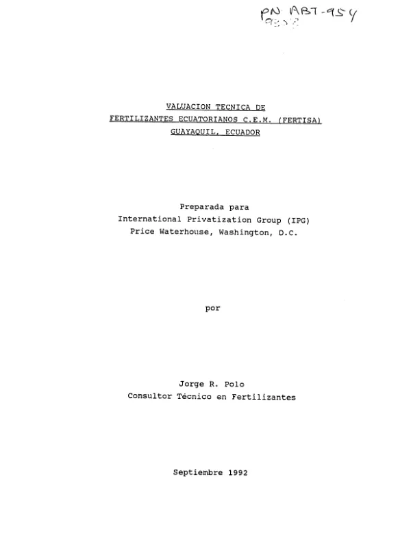Valuacion tecnica de Fertilizantes Ecuatorianos C. E. M. (FERTISA), Guayaquil, Ecuador