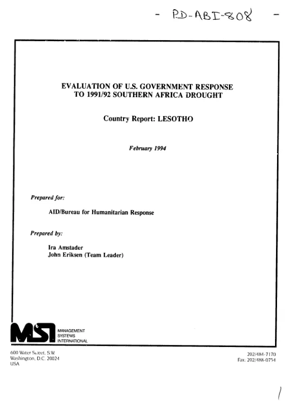 Evaluation of US Government response to 1991/92 Southern Africa drought -- country report : Lesotho