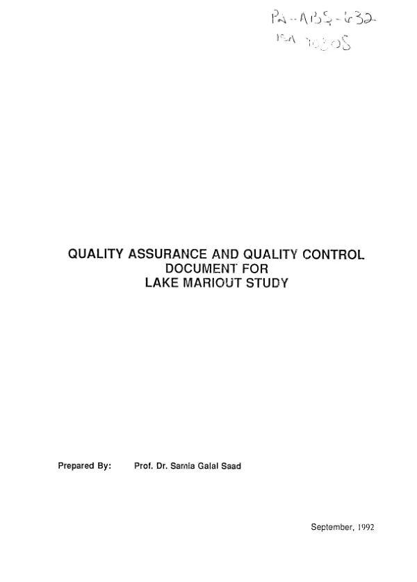Quality assurance and quality control document for Lake Mariout [Maryout] study