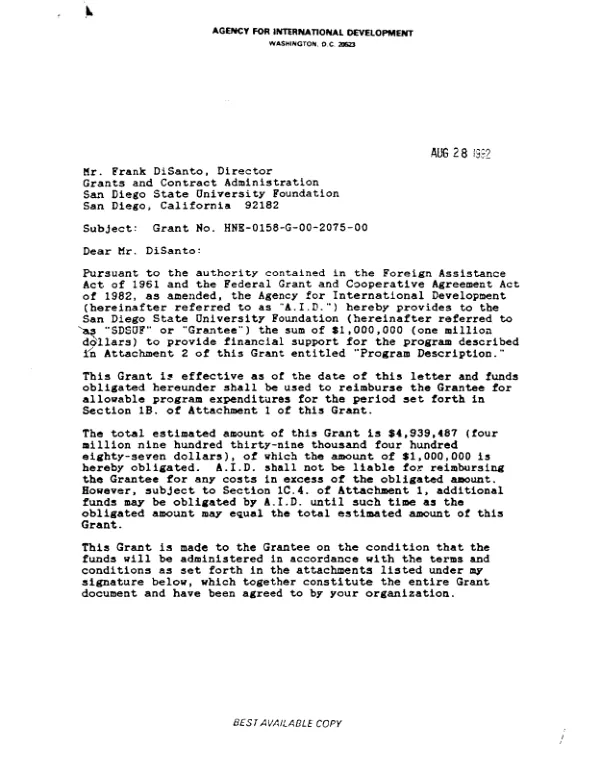 AID grant no. HNE-0158-G-00-2075-00 to the San Diego State University Foundation in support of the project entitled `Moroccan cooperative agricultural development"