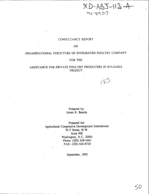 Consultancy report on organizational structure of integrated poultry company for the assistance for private poultry producers in Bulgaria project