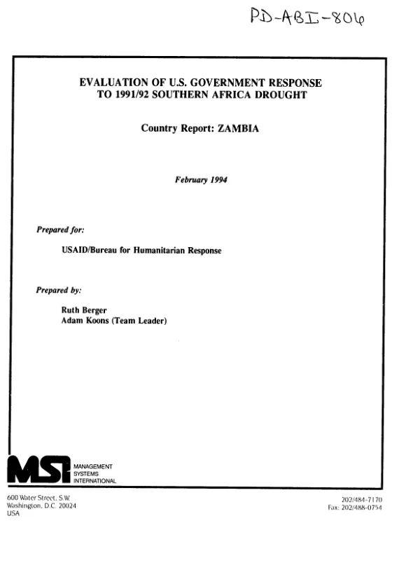 Evaluation of US Government response to 1991/92 Southern Africa drought -- country report : Zambia
