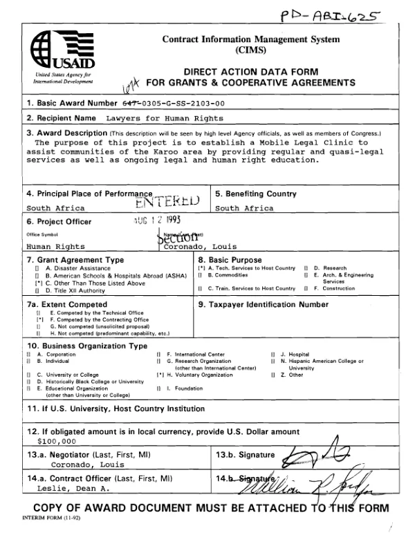 AID agreement no 674-0305-G-SS-2103-00 with Lawyers for Human Rights in support of the Karoo Mobile Law Clinic in South Africa