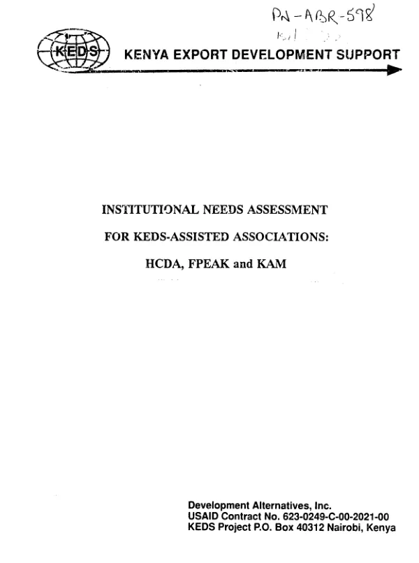 Institutional needs assessment for KEDS-assisted associations : HCDA, FPEAK and KAM