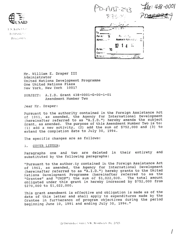 AID grant no. 438-0001-G-00-1-01 amendment no. two to the United Nations Development Programme for training individuals in Mongolia in economic reform