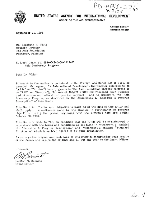 AID grant no. 499-0002-G-00-2119-00 to The Asia Foundation for the Asia democracy program