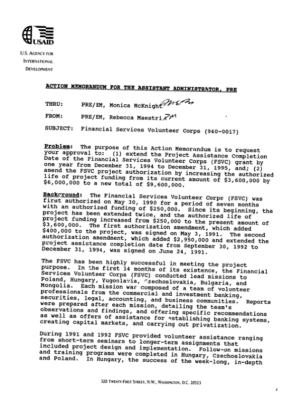 Action memorandum for the Assistant Administrator, PRE : Financial Services Volunteer Corps (940-0017)