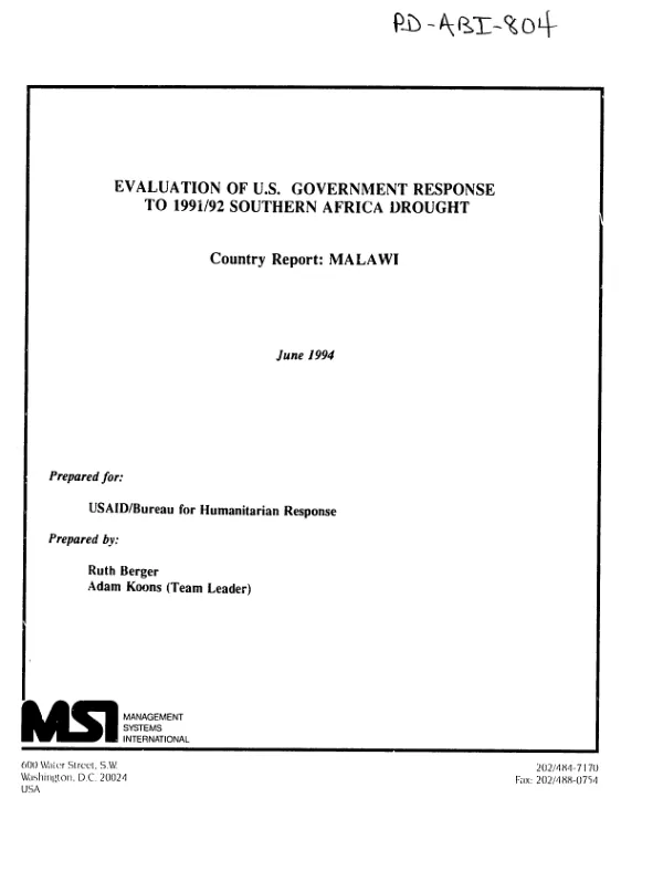 Evaluation of US Government response to 1991/92 Southern Africa drought -- country report : Malawi