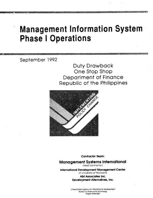 Management information system, phase I operations : Duty Drawback, One Stop Shop, Department of Finance, Republic of Philippines