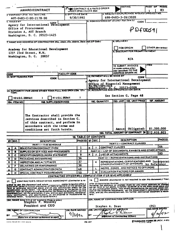 AID contract no. AOT-0483-C-00-2178-00 with the Academy for Educational Development to support health and human resources (HHR) research and analysis in Africa and to ensure that findings are effectively disseminated for use by African policy makers and program managers primarily, as well as by AID missions and other donors involved in HHR development [SARA project]