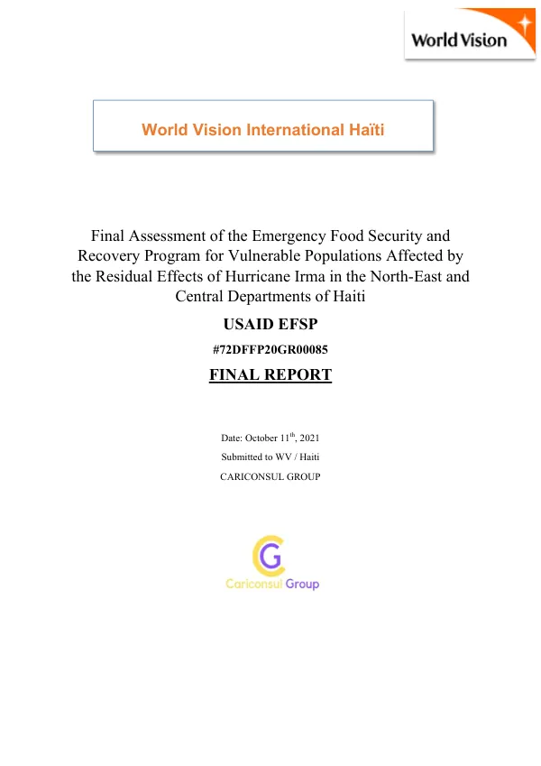 Final assessment of the emergency food security and recovery program for vulnerable populations affected by the residual effects of Hurricane Irma in the north-east and central departments of Haiti : USAID EFSP : final report