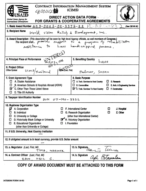 AID grant no. 493-0002-G-00-2376-00 to World Vision Relief and Development, Inc. to provide support to a program of rehabilitation assistance to Laotian handicapped persons