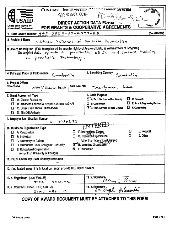 AID grant no. 442-0002-G-00-2375-00 to Vietnam Veterans of America Foundation to operate a prosthetics clinic and conduct training in prosthetic technology