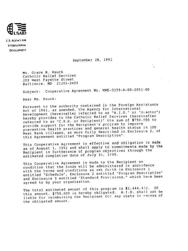 AID cooperative agreement no. HNE-0159-A-00-2051-00 with the Catholic Relief Services for a program to improve preventive health practices and general health status in 100 West Bank villages