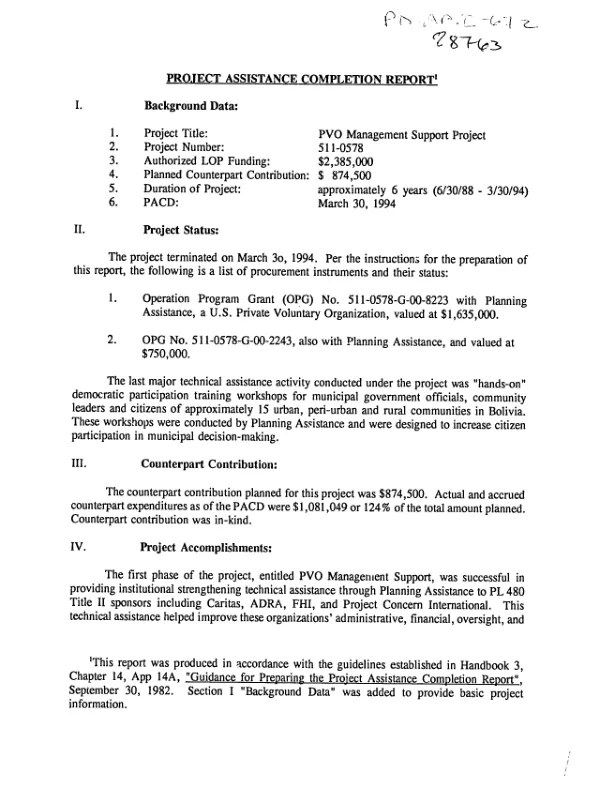 Project assistance completion report : PVO management support project
