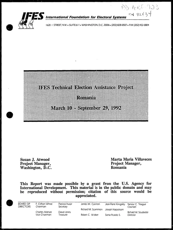 IFES technical election assistance project : Romania -- March 10 - September 29, 1992