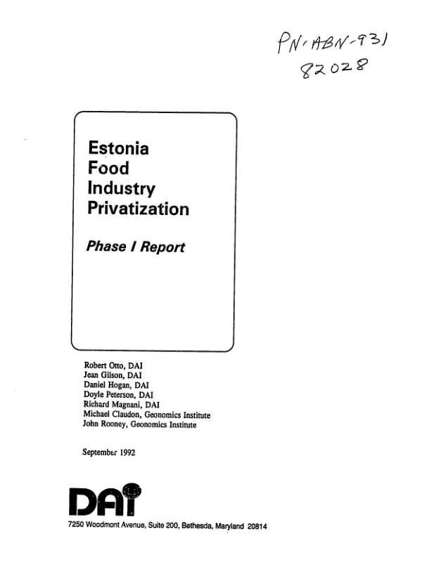 Estonia food industry privatization, phase I report