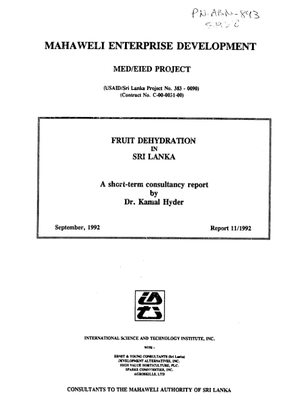 Mahaweli enterprise development project : fruit dehydration in Sri Lanka