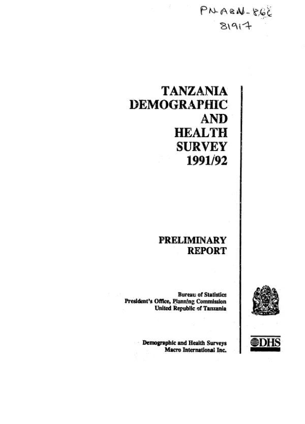 Tanzania demographic and health survey 1991/92 : preliminary report