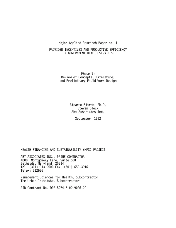 Provider incentives and productive efficiency in government health services : phase 1 -- review of concepts, literature, and preliminary field work design