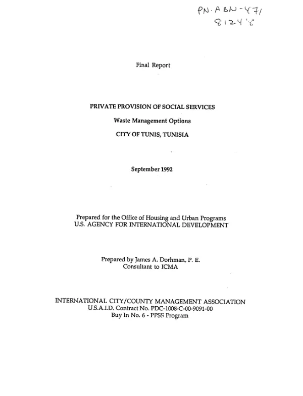 Private provision of social services : waste management options, City of Tunis, Tunisia