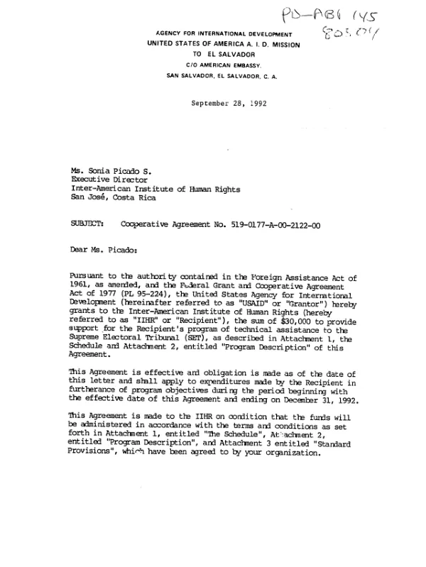 AID cooperative agreement no. 519-0177-A-00-2122-00 with Inter-American Institute of Human Rights for the recipient"s program of technical assistance to the Supreme Electoral Tribunal