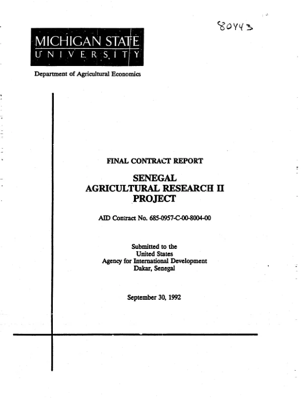 Final contract report : Senegal agricultural research II project -- AID contract no. 685-0957-C-00-8004-00