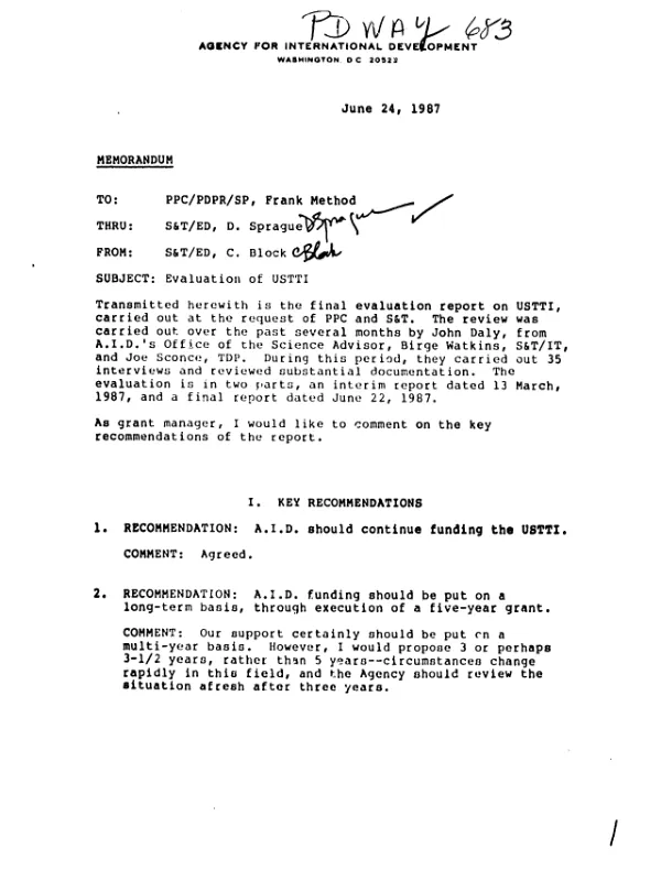 Final evaluation report on USTTI [United States Telecommunications Training Institute]