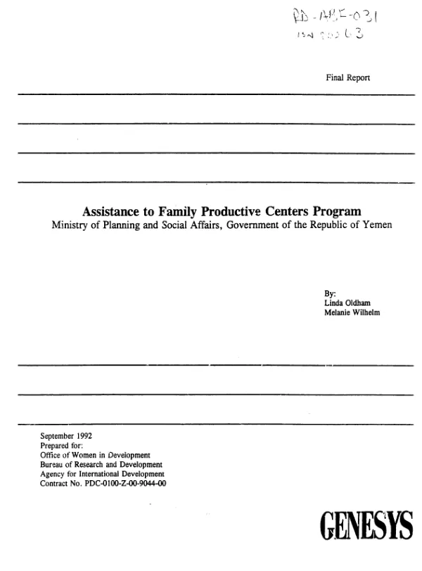Assistance to Family Productive Centers Program, Ministry of Planning and Social Affairs, Government of the Republic of Yemen