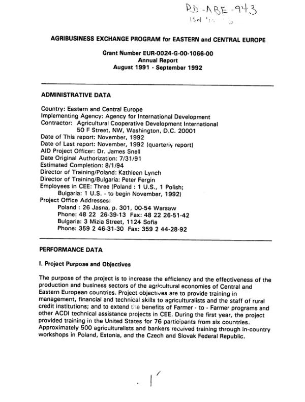Agribusiness exchange program for Eastern and Central Europe, grant number EUR-0024-G-00-1066-00 : annual report -- August 1991-September 1992