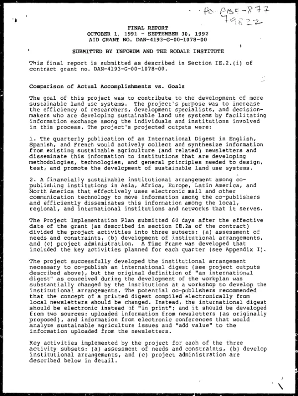 Final report, October 1, 1991-September 30, 1992 -- AID grant no. DAN-4193-G-00-1078-00