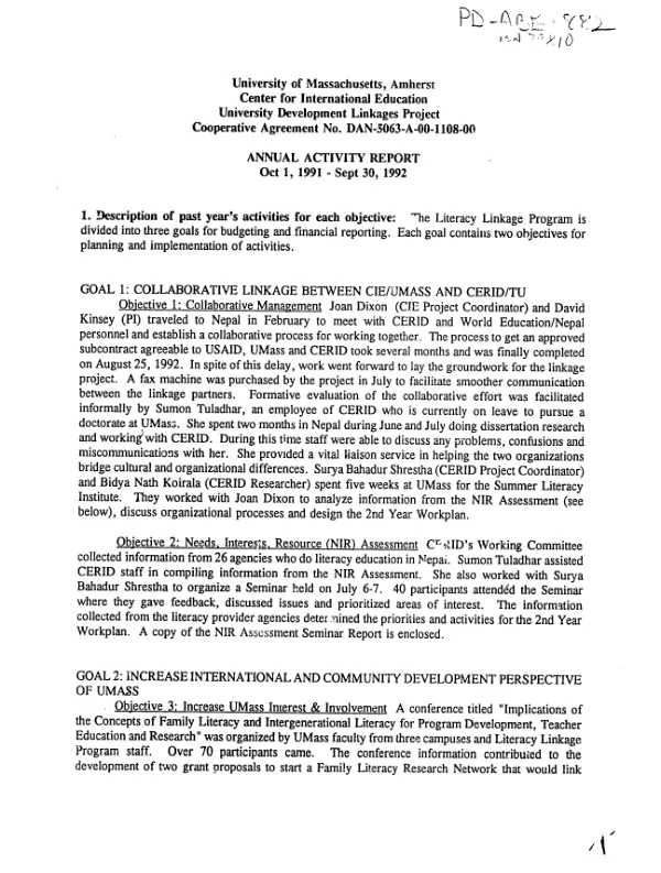 University of Massachusetts, Amherst, Center for International Education -- university development linkages project, cooperative agreement no. DAN-5063-A-00-1108-00 : annual activity report, Oct 1, 1991-Sept 30, 1992