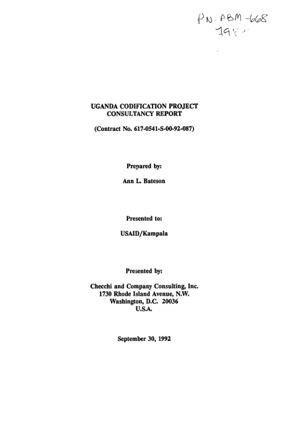 Uganda codification project consultancy report (contract no. 617-0541-S-00-92-087)