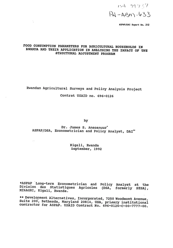 Food consumption parameters for agricultural households in Rwanda and their application in analyzing the impact of the structural adjustment program